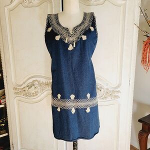 Mexican Style Denim Dress Hand Embroidered Sleeveless Sm - M